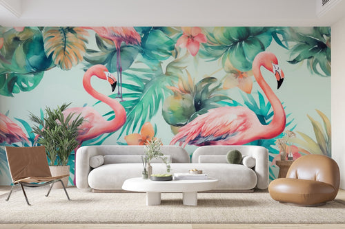 Papier Peint Tropical - Flamants Roses Feuillage