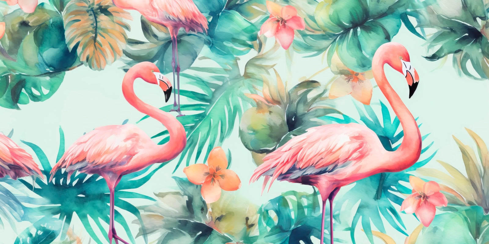 Papier Peint Tropical - Flamants Roses Feuillage