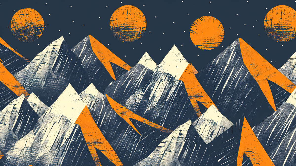 Landschafts-Tapete - Abstrakte Berge und orangefarbene Monde