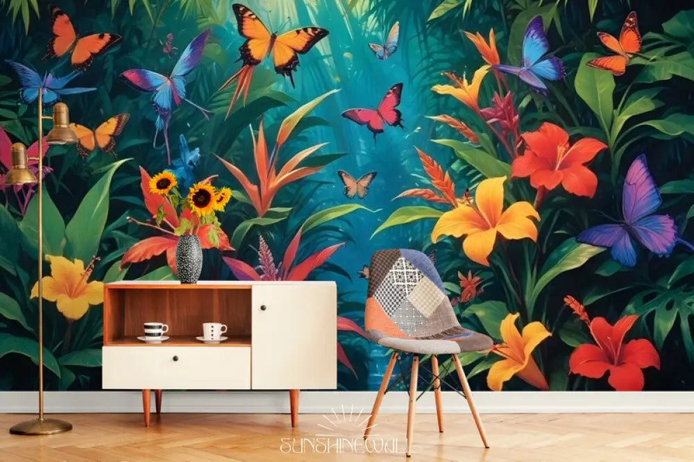 Papier Peint Abstrait - Feuillage Tropical Et Papillons