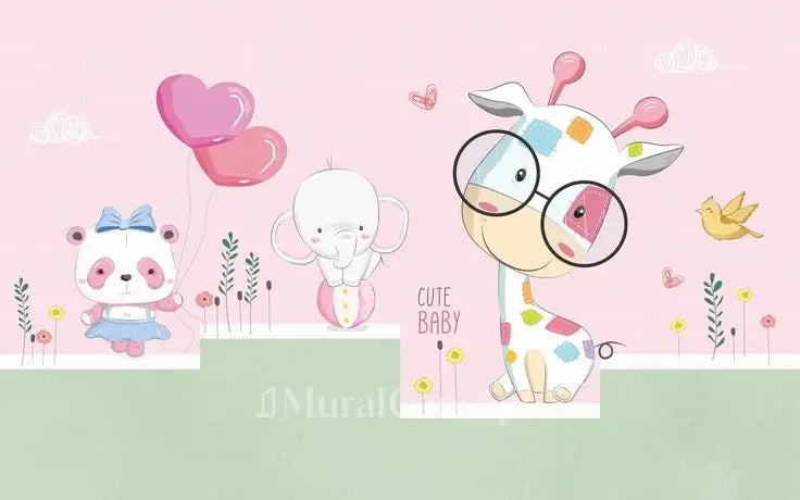 Children's Wallpaper – Pastel Menagerie and Heart Balloons