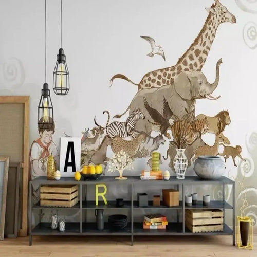 Papel tapiz infantil - Niños y animales de la sabana