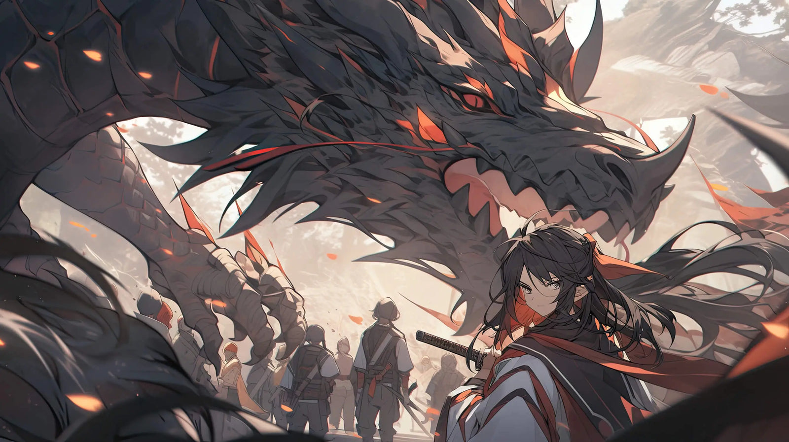 Fantasy Wallpaper - Warrior and Black Dragon