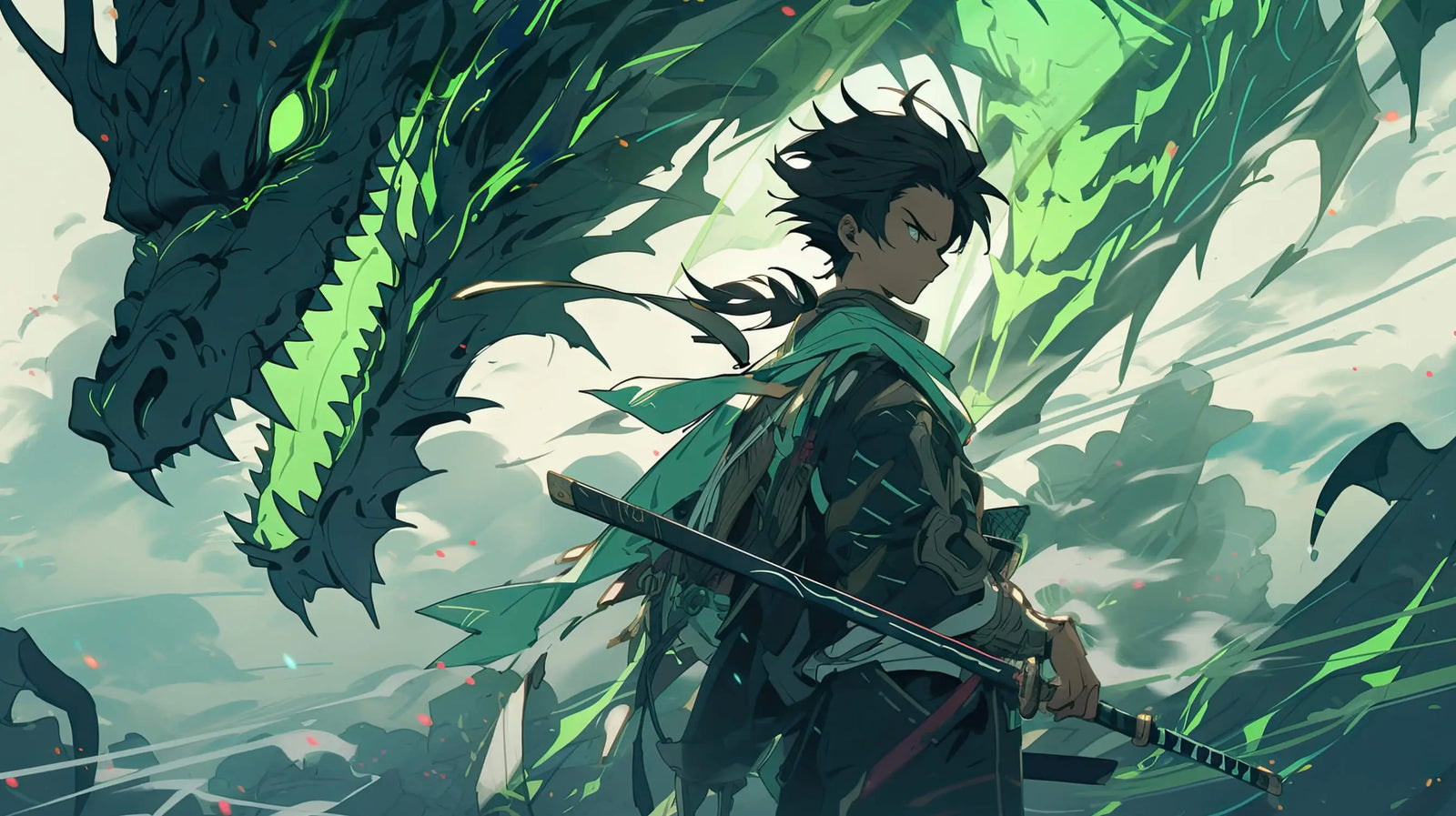 Papier Peint Fantastique - Guerrier et Dragon Vert