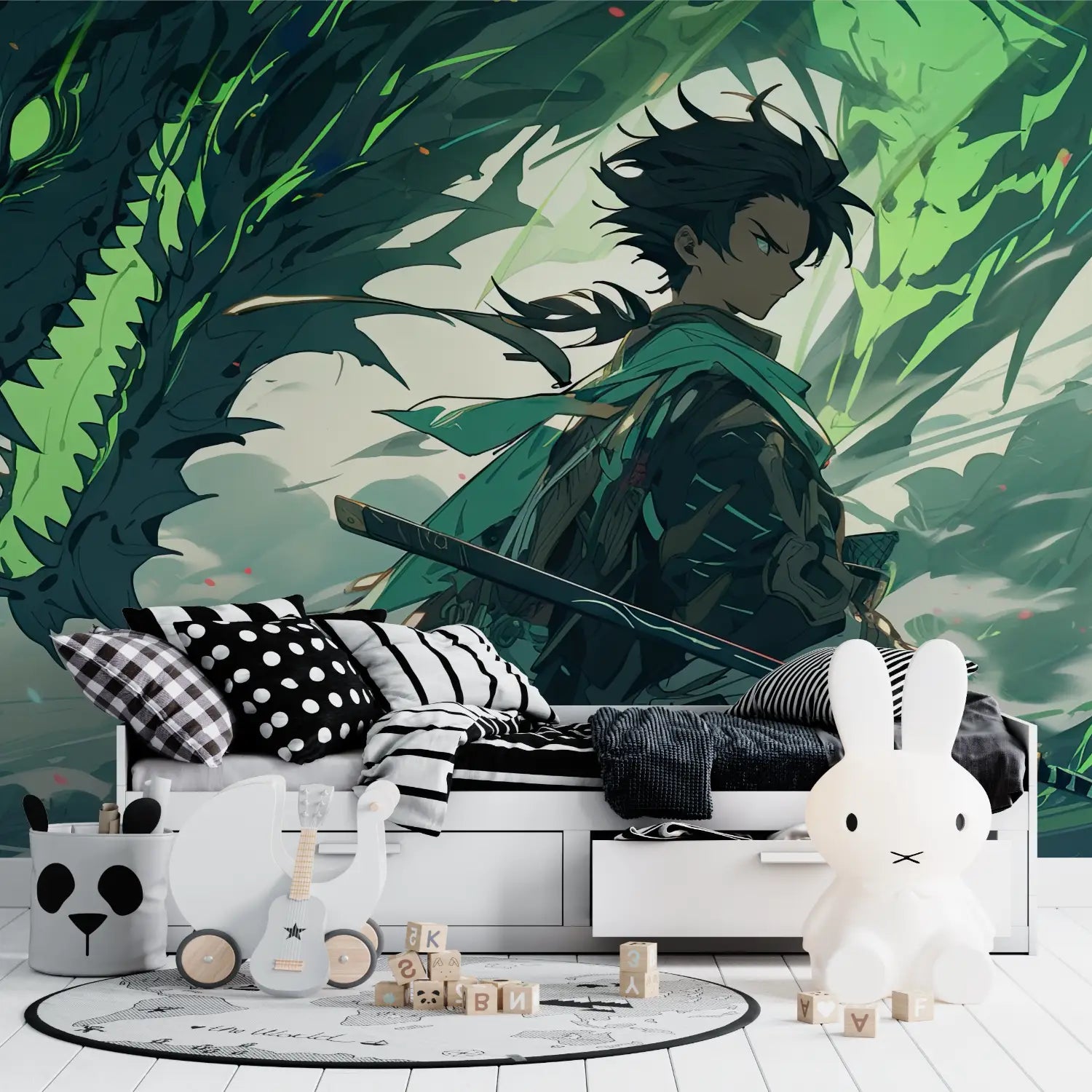 Papier Peint Fantastique - Guerrier et Dragon Vert