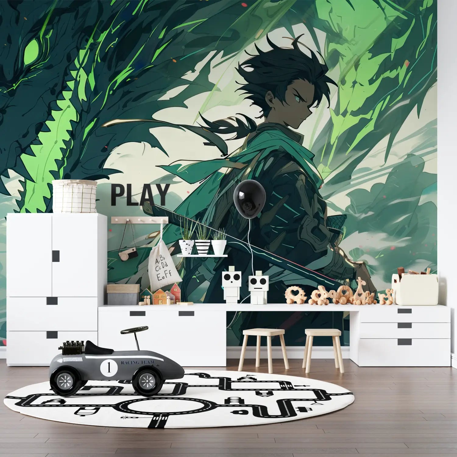 Papier Peint Fantastique - Guerrier et Dragon Vert