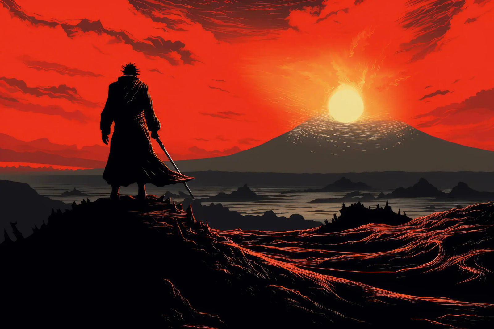 Papier Peint Montagne - Guerrier au Soleil Couchant