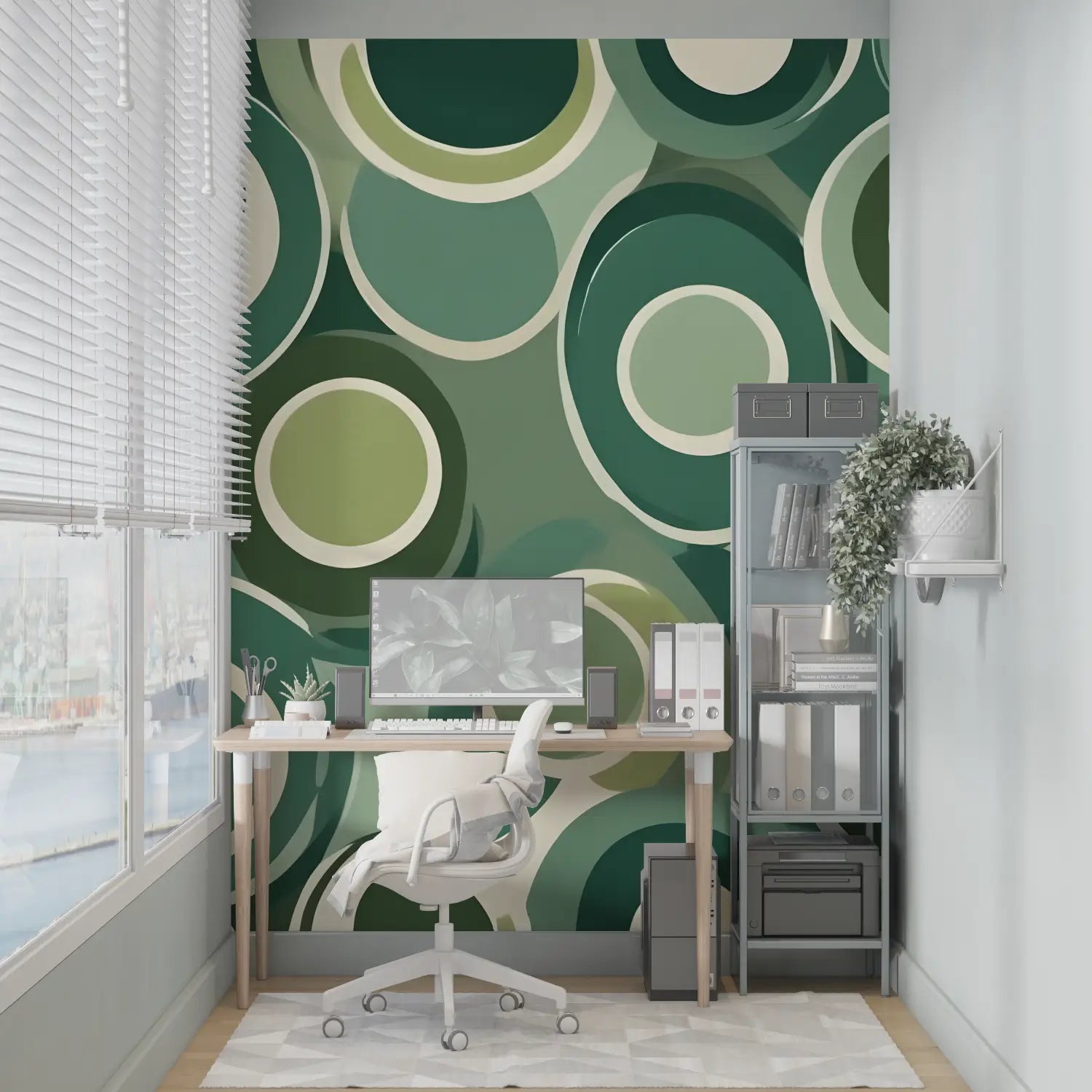 Geometric Wallpaper - Green and Beige Interlocking Circles