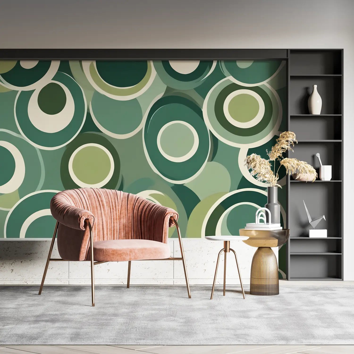 Geometric Wallpaper - Green and Beige Interlocking Circles