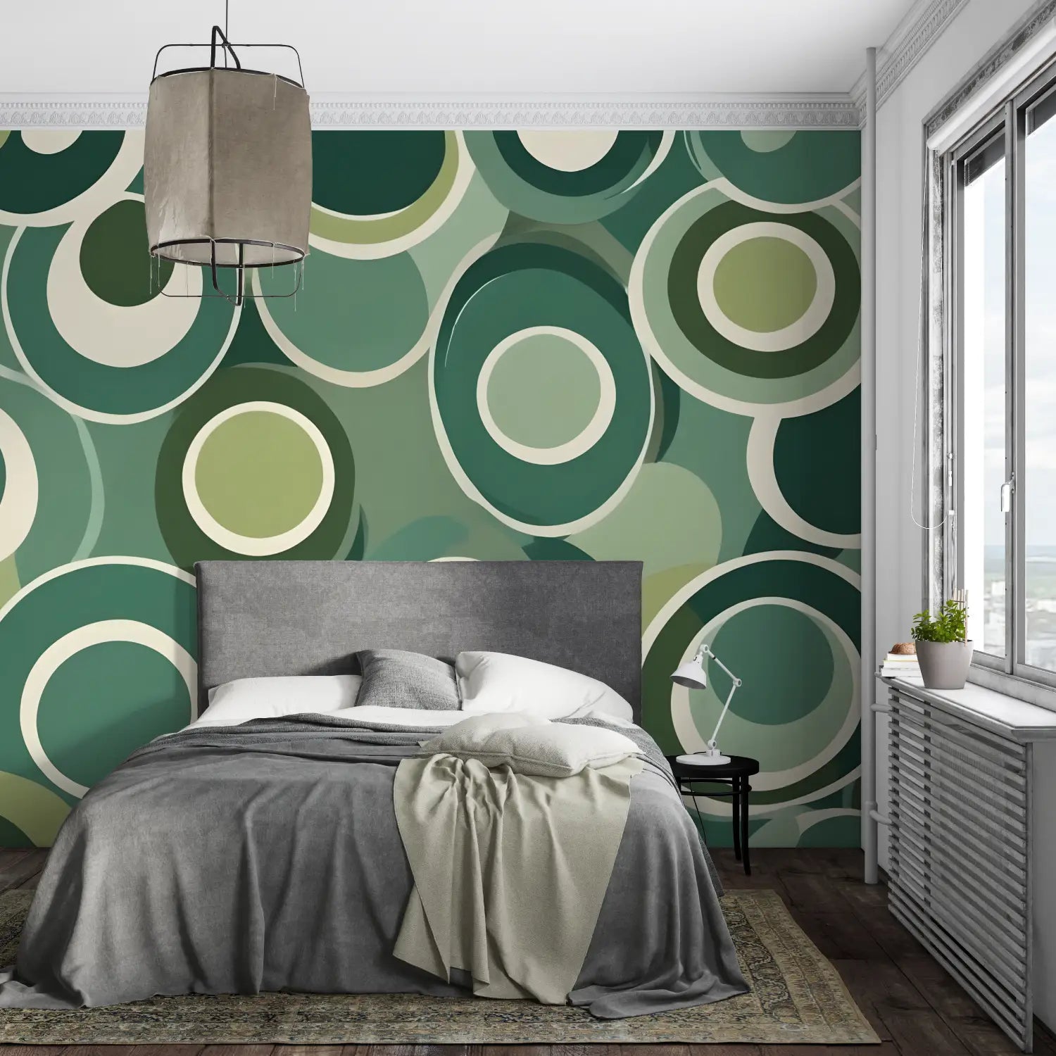 Geometric Wallpaper - Green and Beige Interlocking Circles