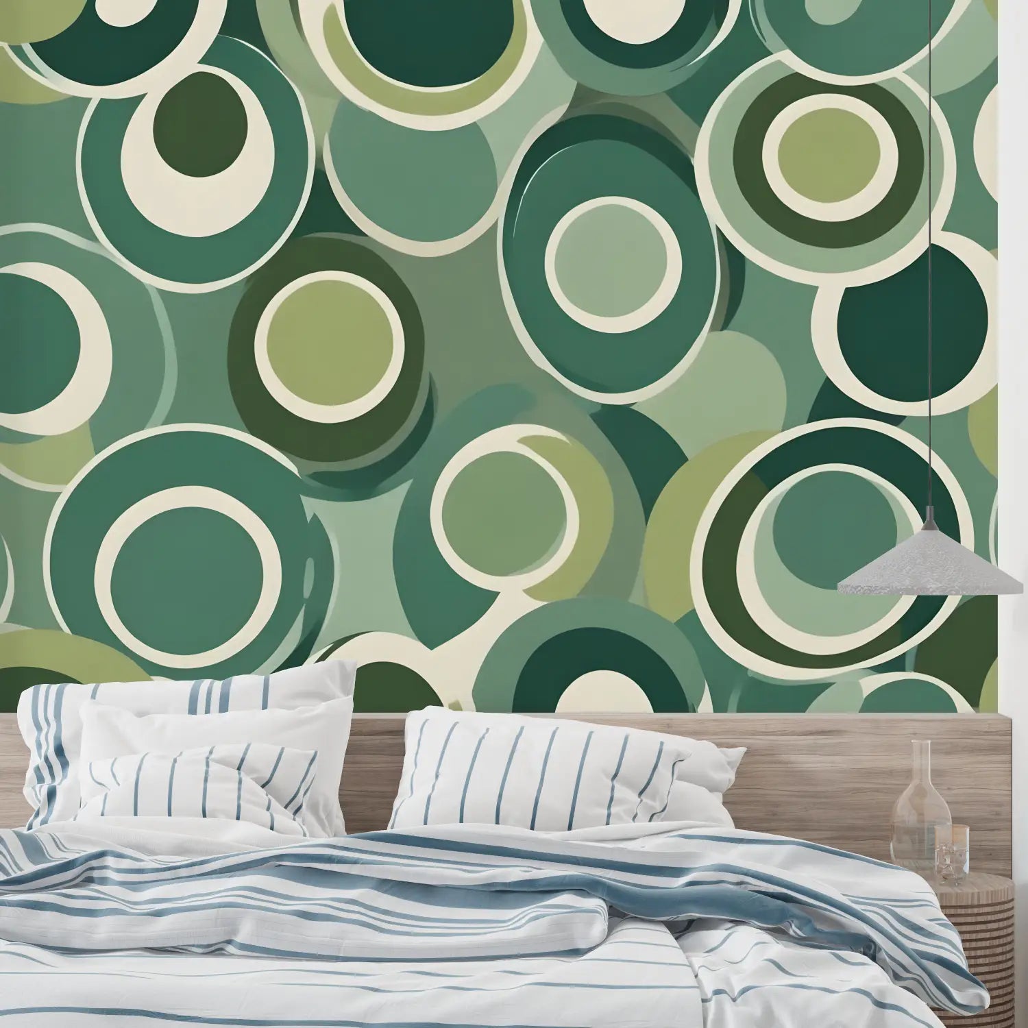 Geometric Wallpaper - Green and Beige Interlocking Circles