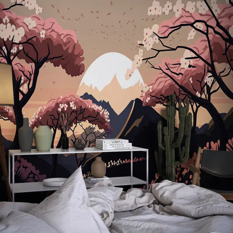 Papier Peint Japonais – Cerisiers au Clair de Lune