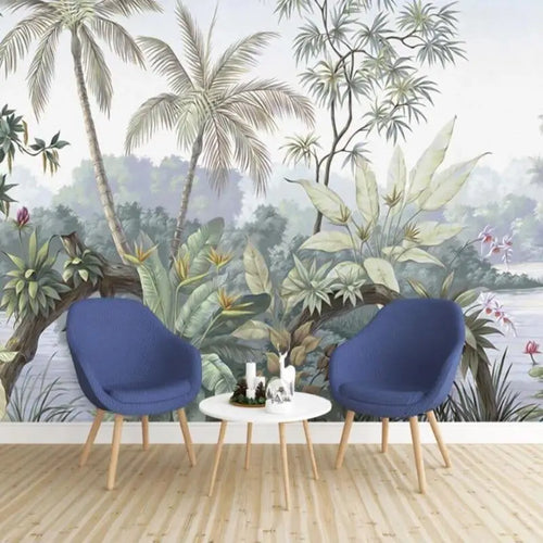 Papier Peint Tropical – Palmiers Brumeux et Feuillage Exotique