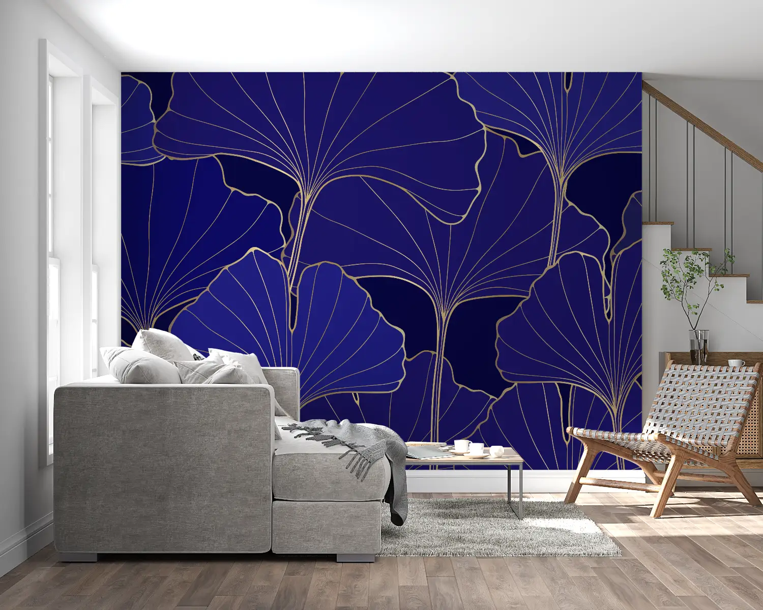 Papier Peint Feuillage - Ginkgo Bleu Nuit