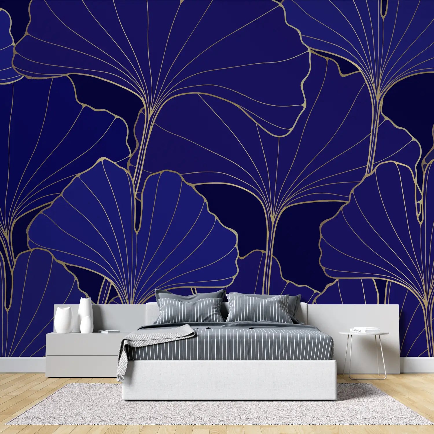 Papier Peint Feuillage - Ginkgo Bleu Nuit