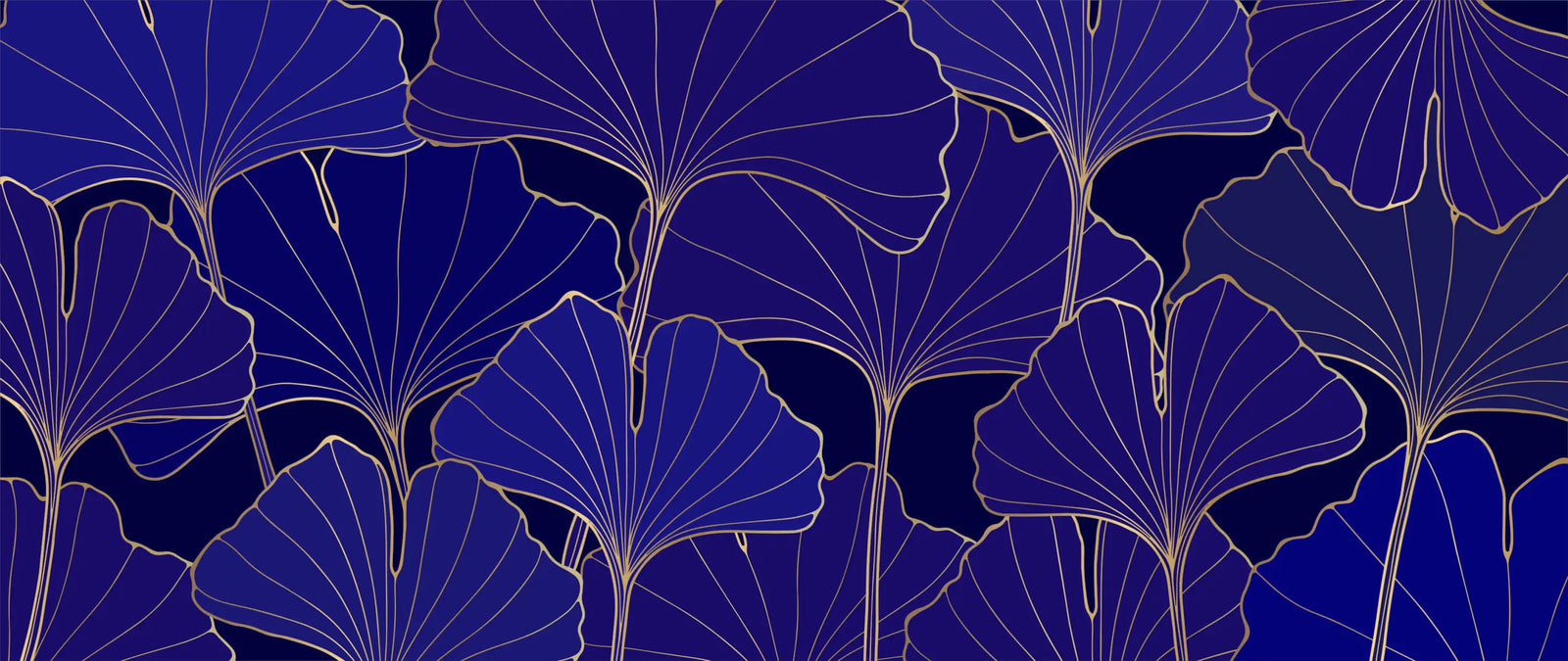 Papier Peint Feuillage - Ginkgo Bleu Nuit