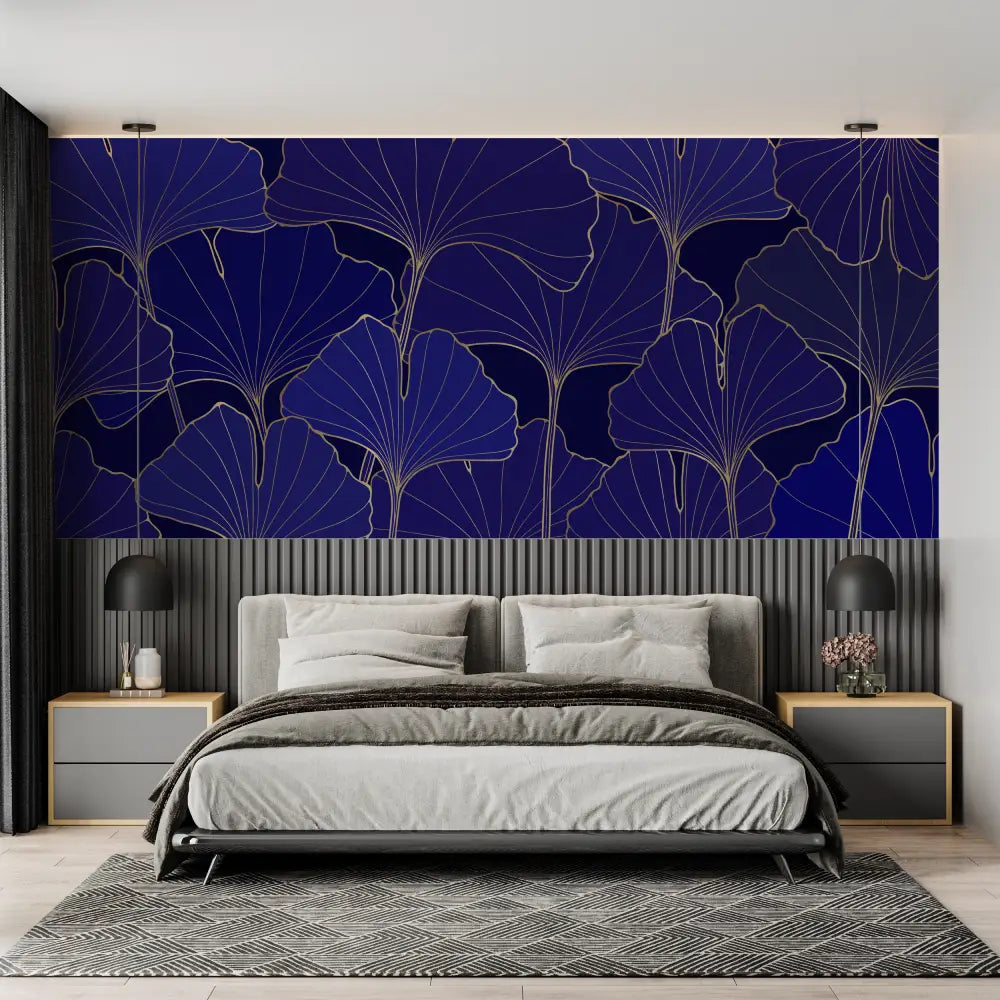 Papier Peint Feuillage - Ginkgo Bleu Nuit