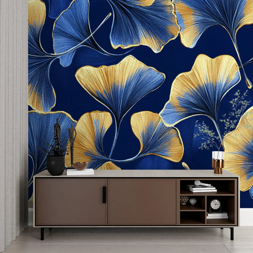 Papier Peint Japonais - Feuilles de ginkgo bleu et or