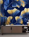 Japanese Wallpaper - Blue and Gold Ginkgo Leaves