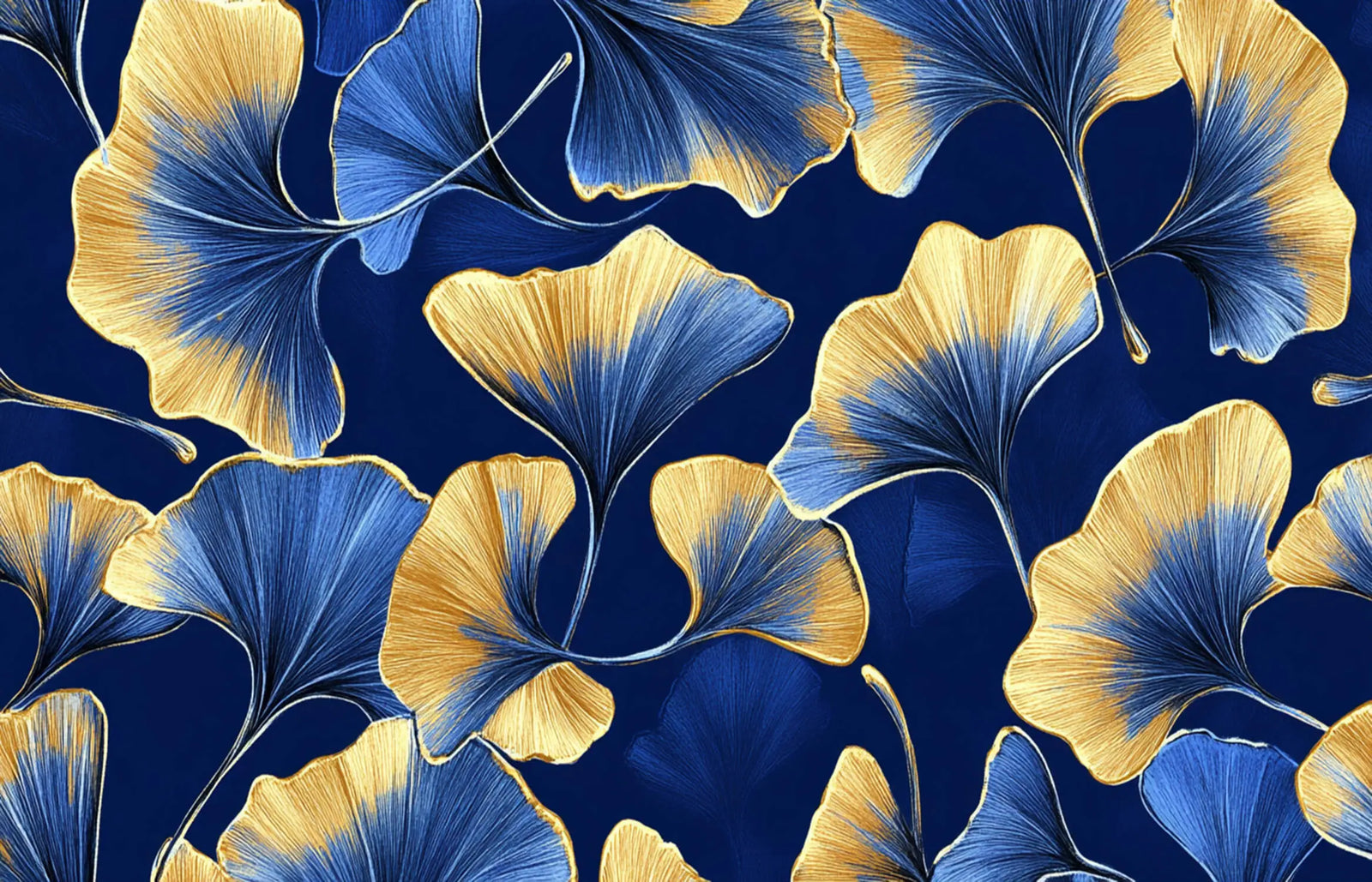 Japanese Wallpaper - Blue and Gold Ginkgo Leaves