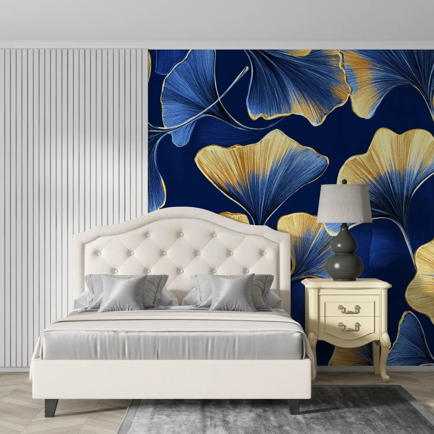 Japanese Wallpaper - Blue and Gold Ginkgo Leaves