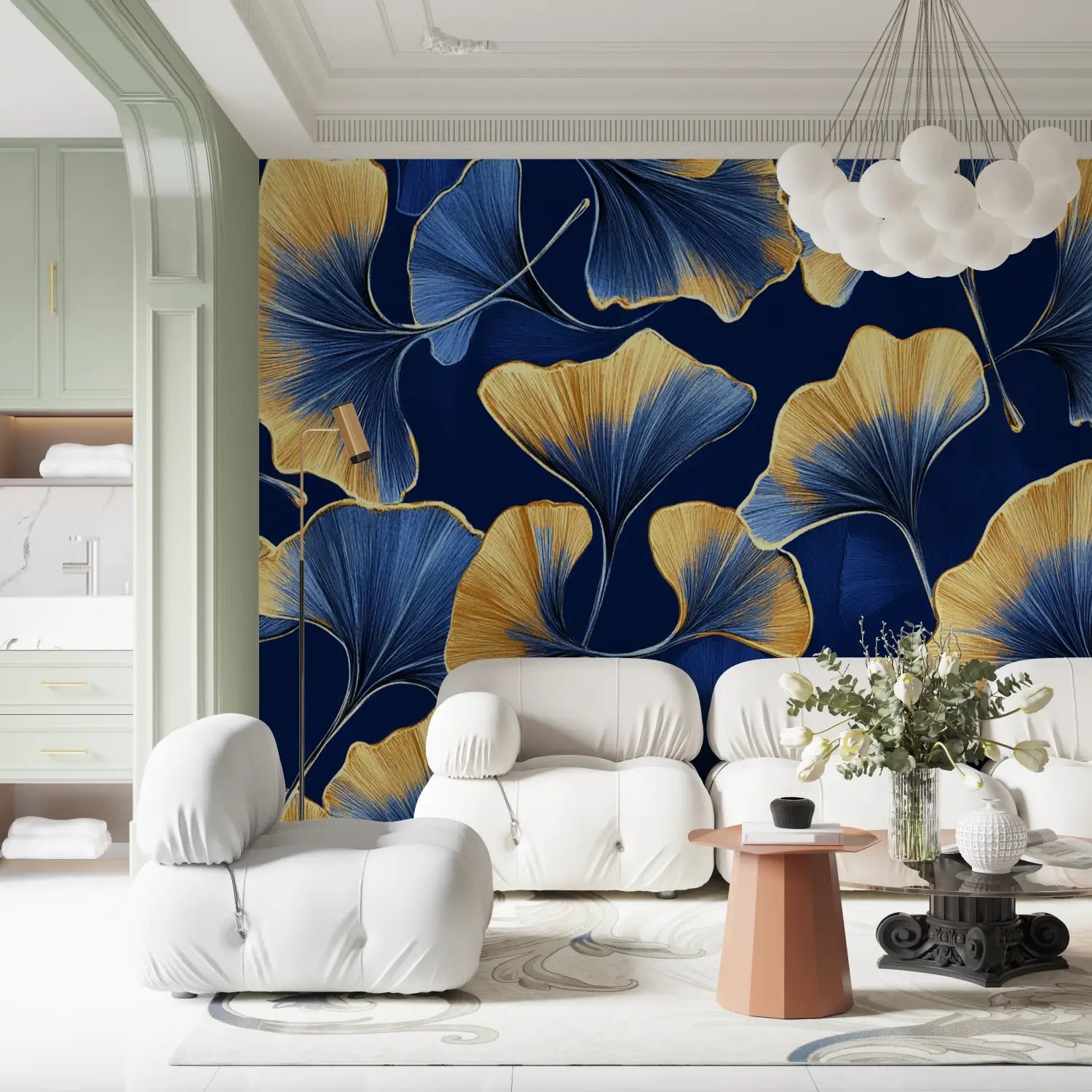 Japanese Wallpaper - Blue and Gold Ginkgo Leaves