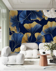 Japanese Wallpaper - Blue and Gold Ginkgo Leaves