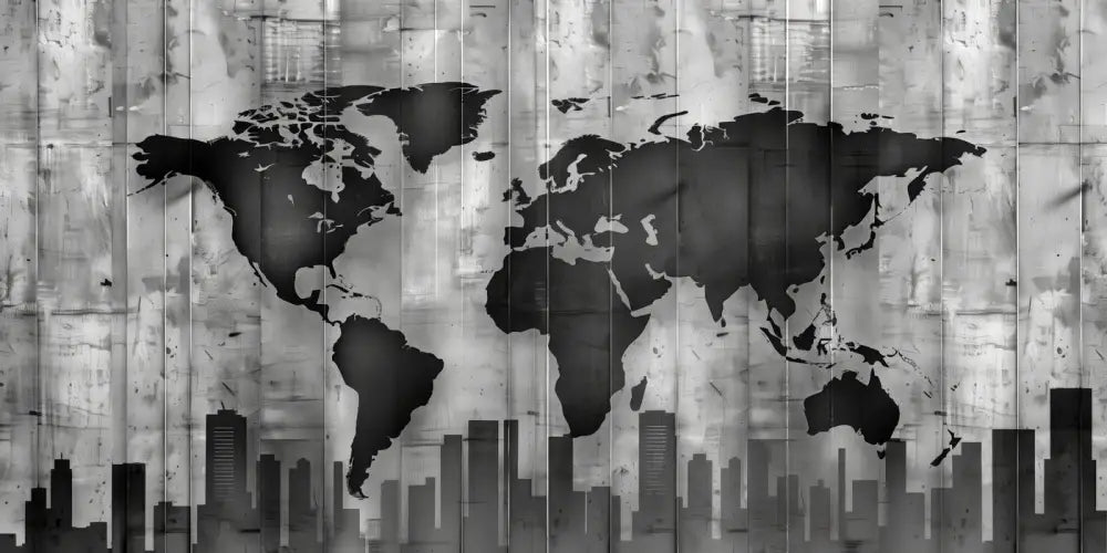 Papier Peint Art & Déco - Carte Du Monde Noir Et Gris