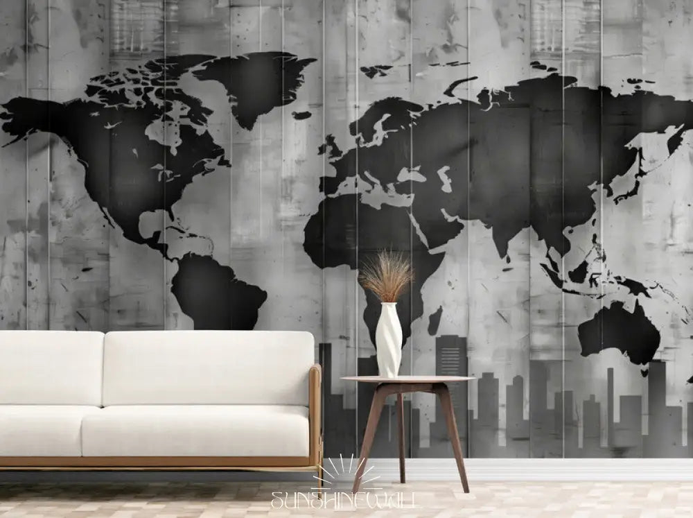 Papier Peint Art & Déco - Carte Du Monde Noir Et Gris