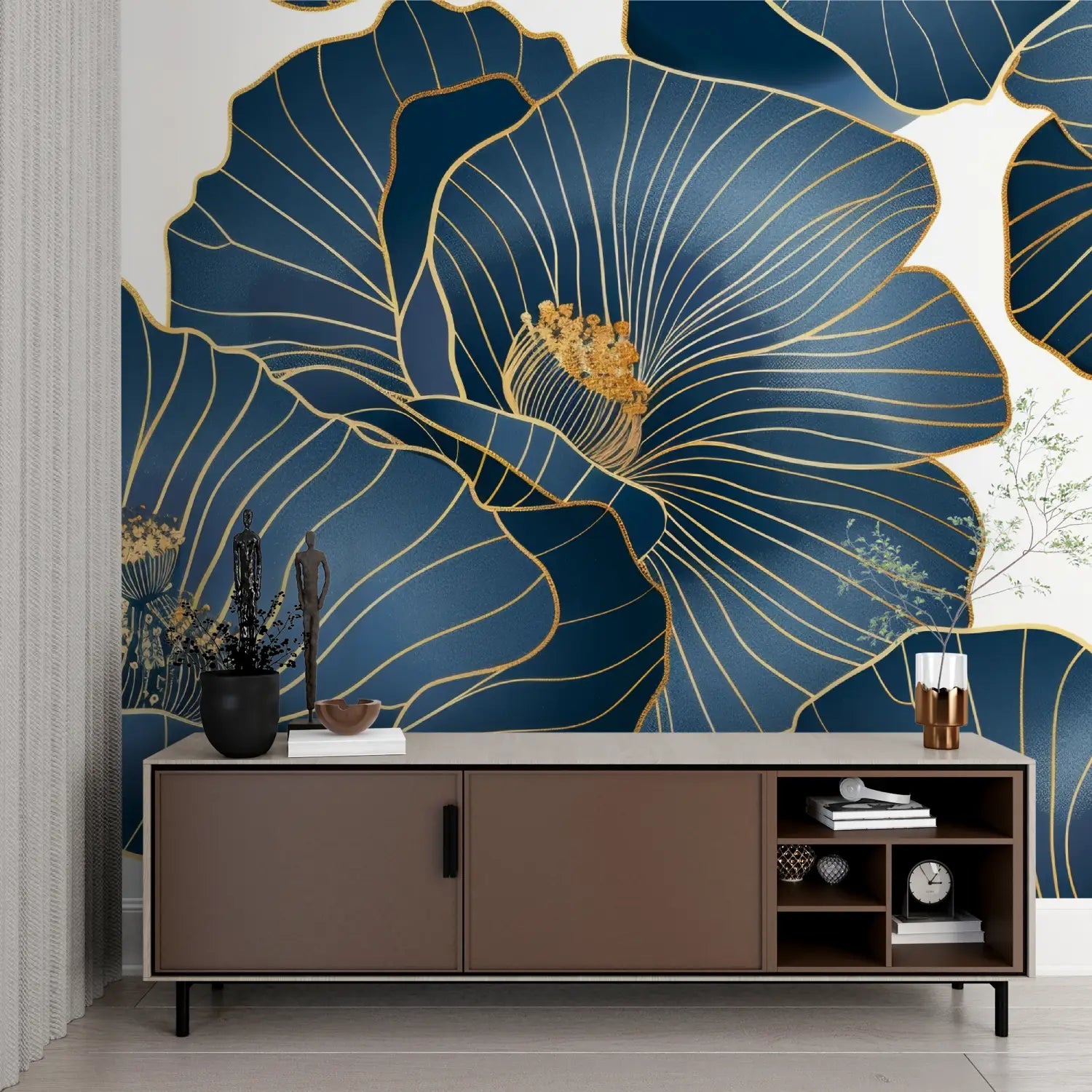 Floral Wallpaper - Elegant Petals with Golden Lines