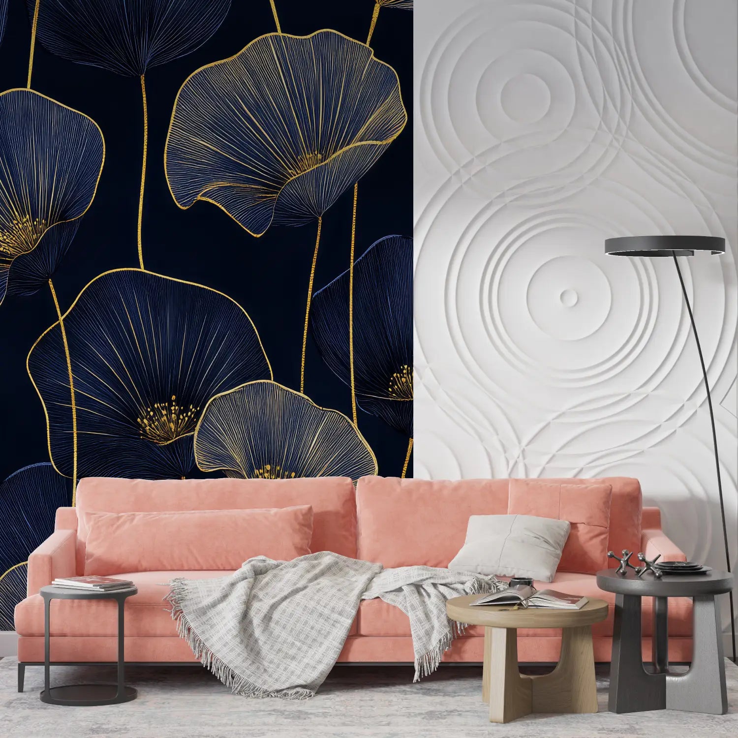 Floral Wallpaper - Golden Poppies on a Midnight Blue Background