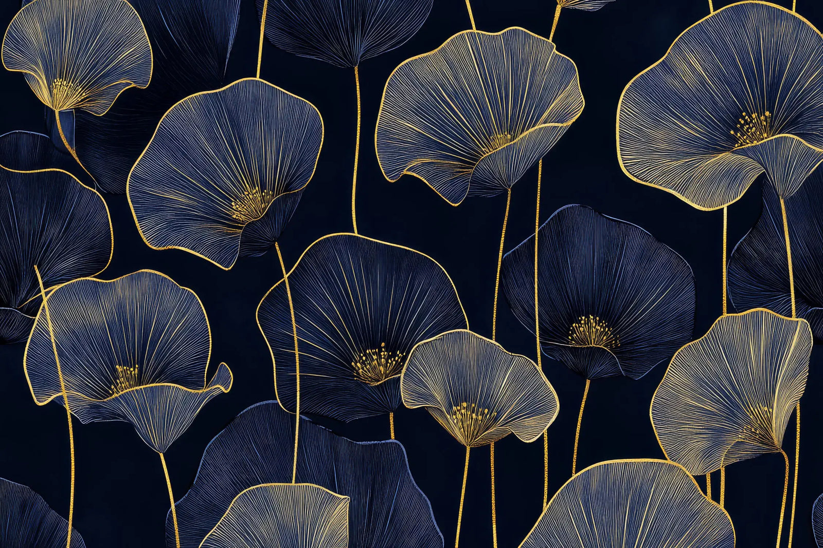 Floral Wallpaper - Golden Poppies on a Midnight Blue Background