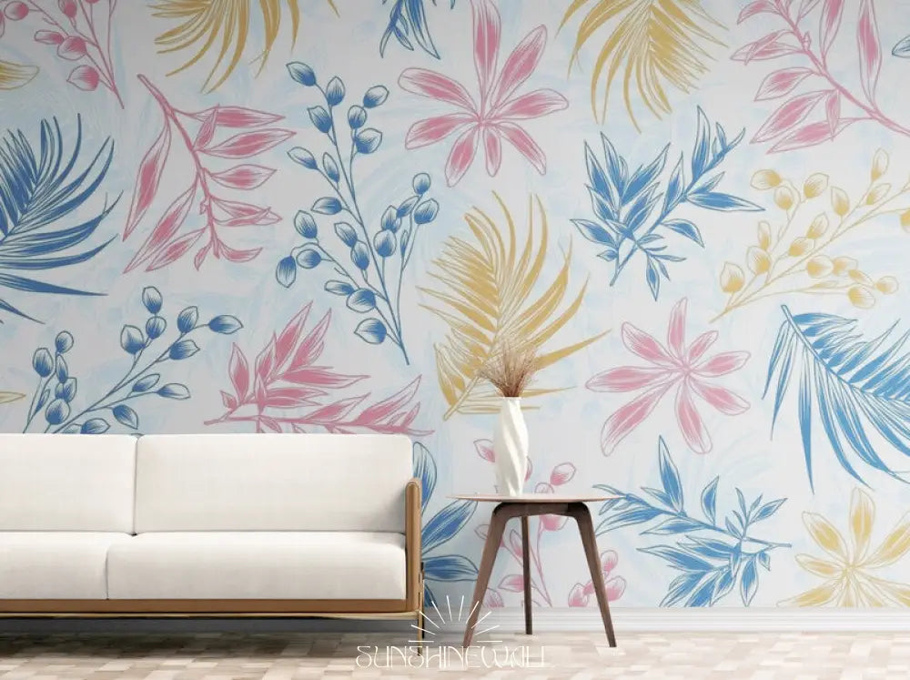 Papier Peint Art & Déco - Floral Bleu Rose Et Blanc