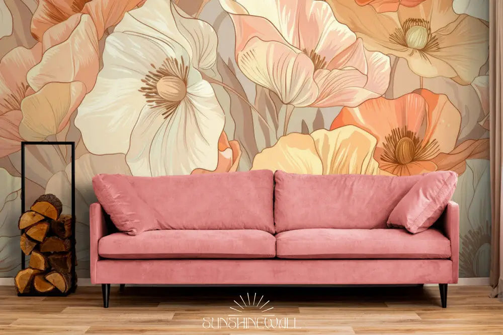 Papier Peint Art & Déco - Mur Floral Sunshinewall Papier peint mural floral Sunshinewall aux grandes fleurs colorées derrière un canapé rose