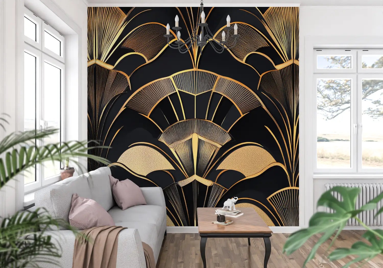 Art &amp; Deco Wallpaper - Stylized Black and Gold Flowers