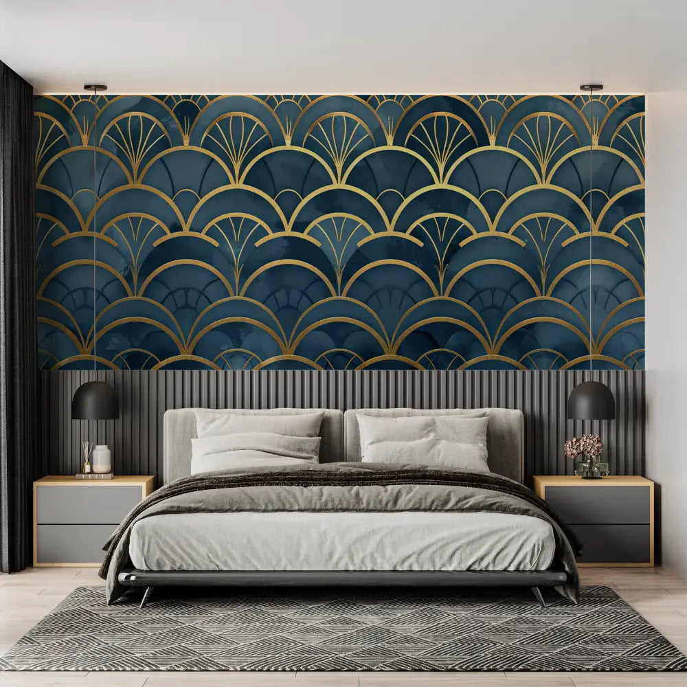 Art &amp; Deco Wallpaper – Golden Scales on Deep Blue