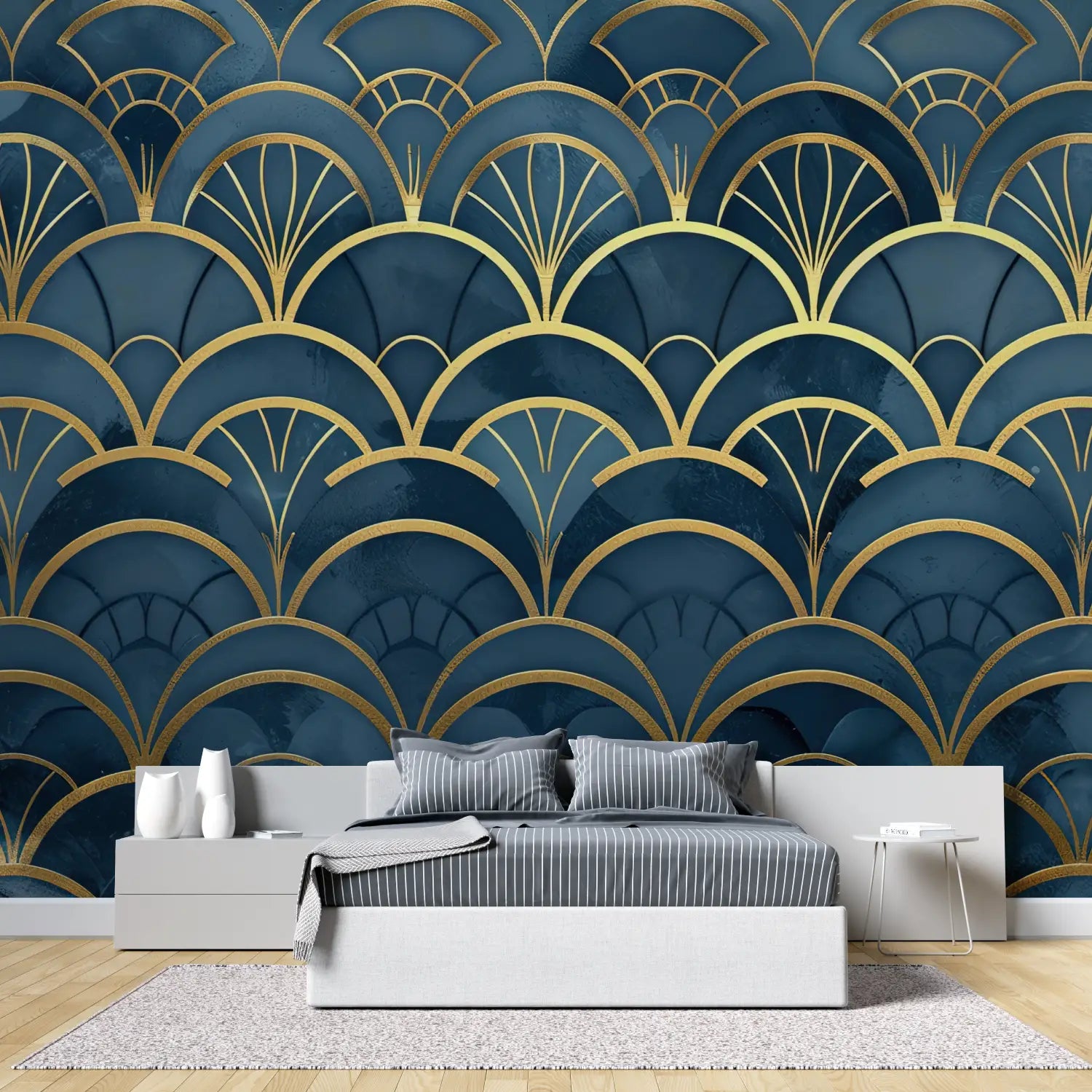 Art &amp; Deco Wallpaper – Golden Scales on Deep Blue