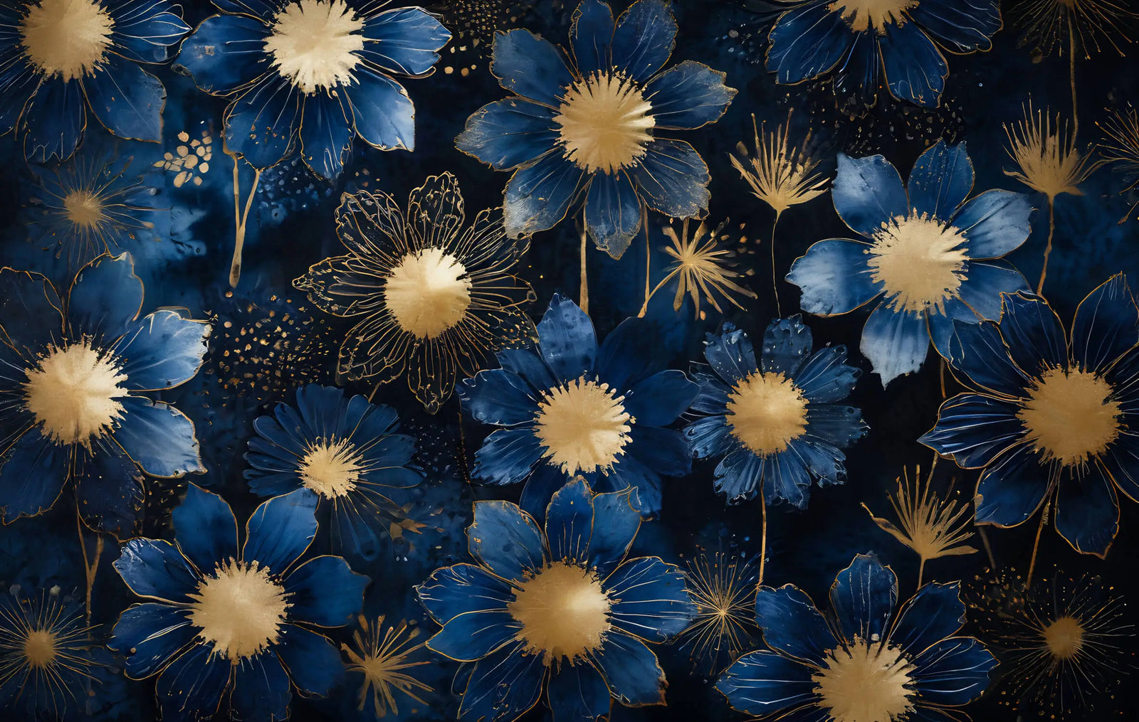 Floral Wallpaper - Blue and Gold Abstract Flowers