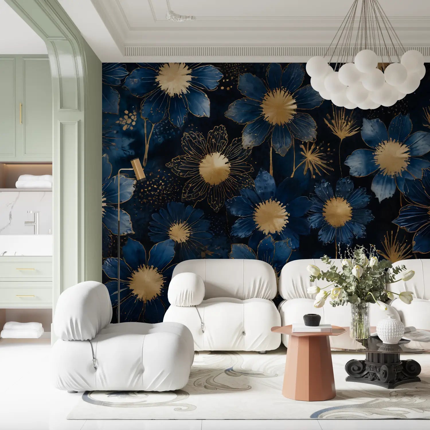 Floral Wallpaper - Blue and Gold Abstract Flowers