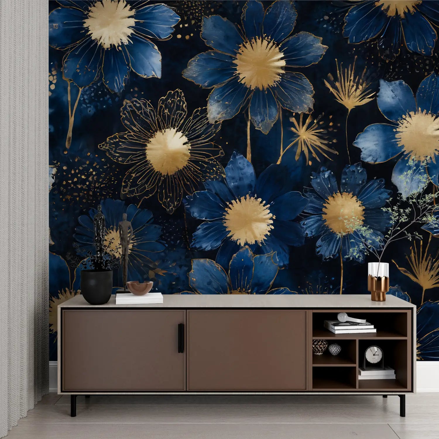 Floral Wallpaper - Blue and Gold Abstract Flowers