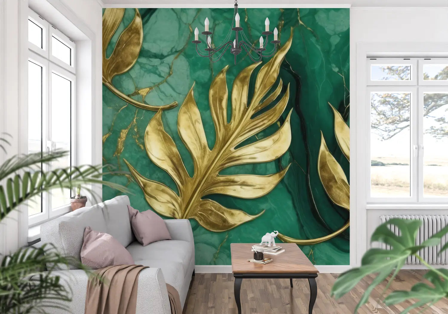 Art &amp; Deco Wallpaper - Golden Leaves on Marble