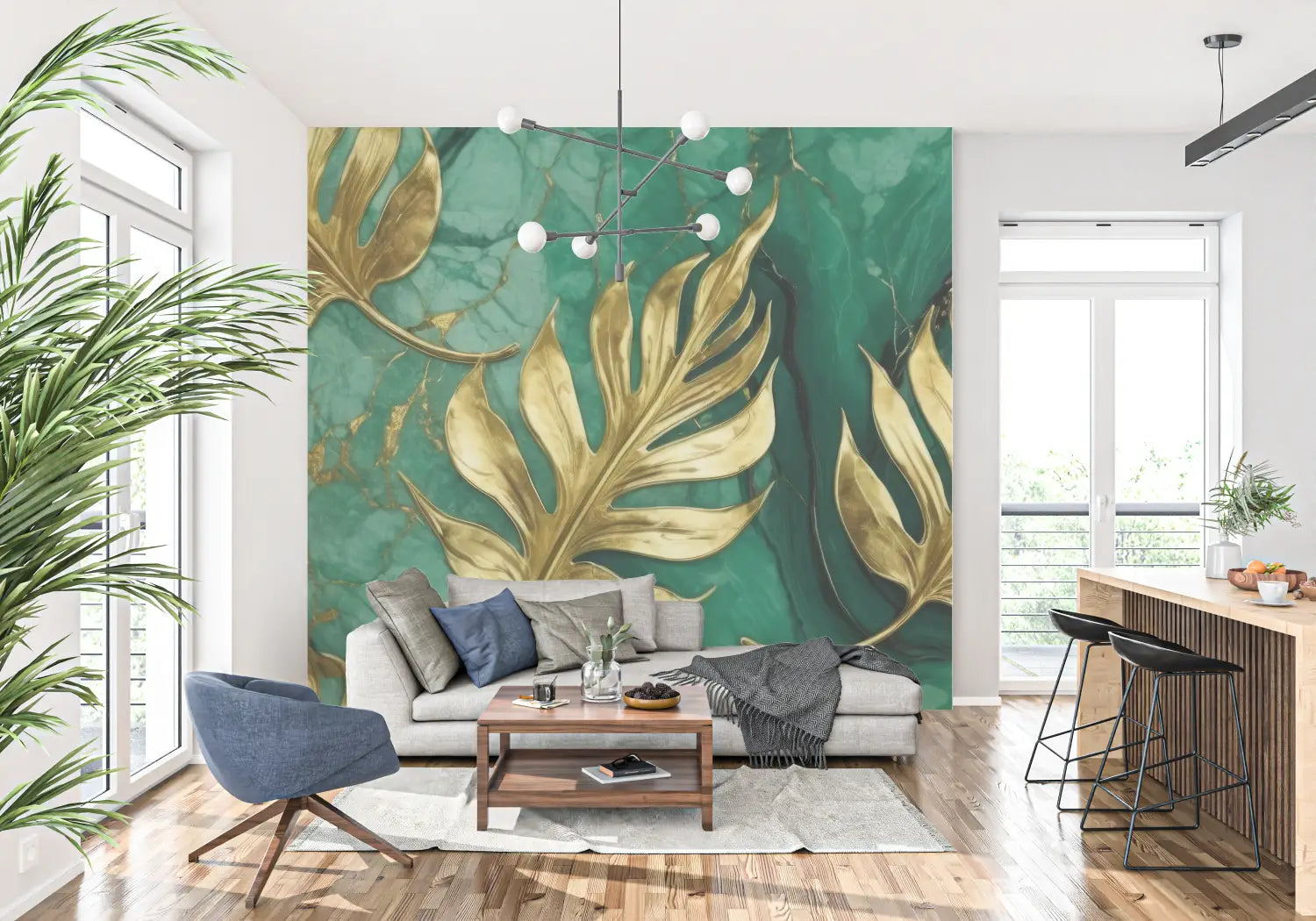 Art &amp; Deco Wallpaper - Golden Leaves on Marble