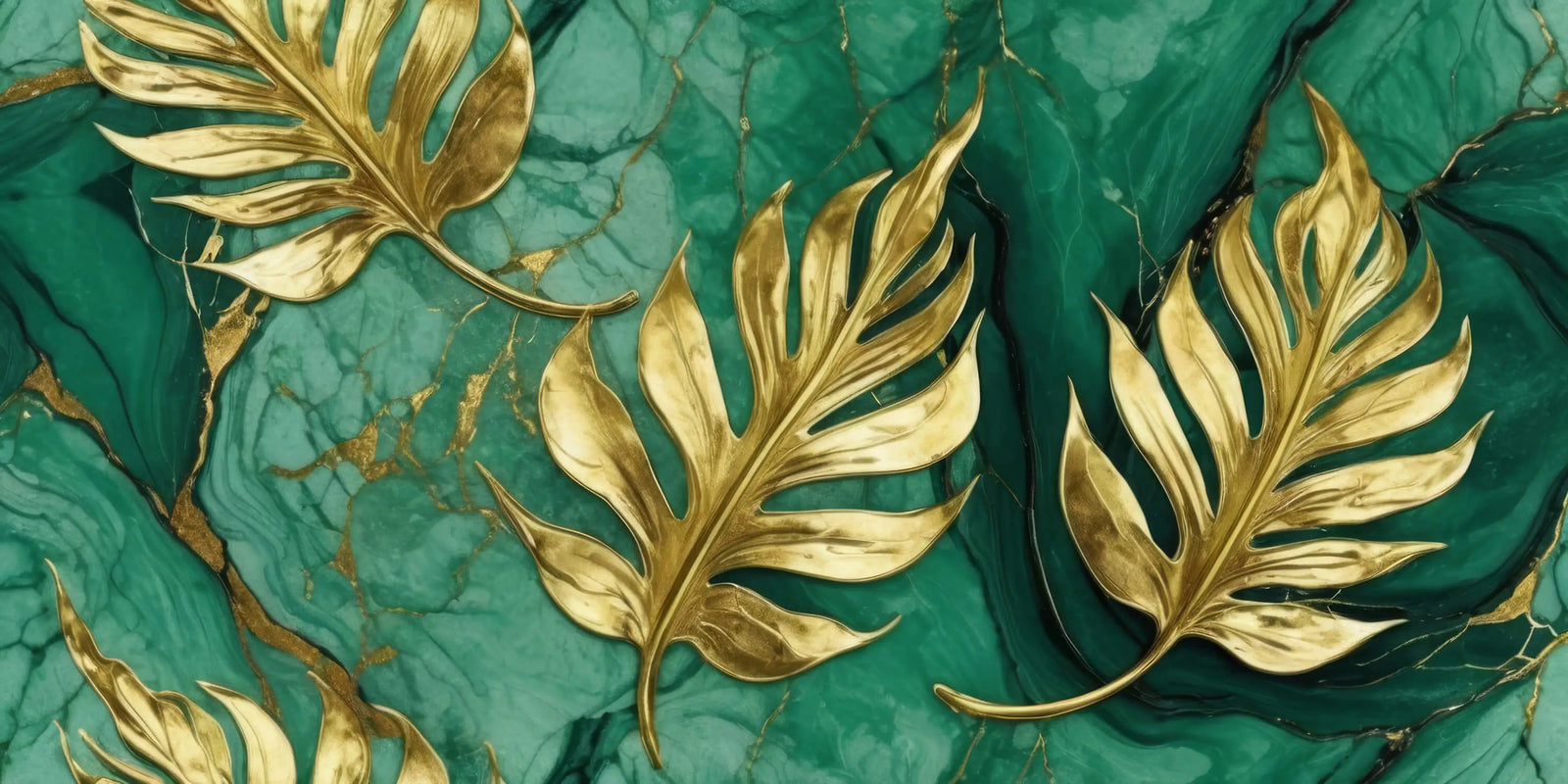 Art &amp; Deco Wallpaper - Golden Leaves on Marble