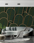 Papier Peint Art & Déco – Arches Dorées sur Fond Vert