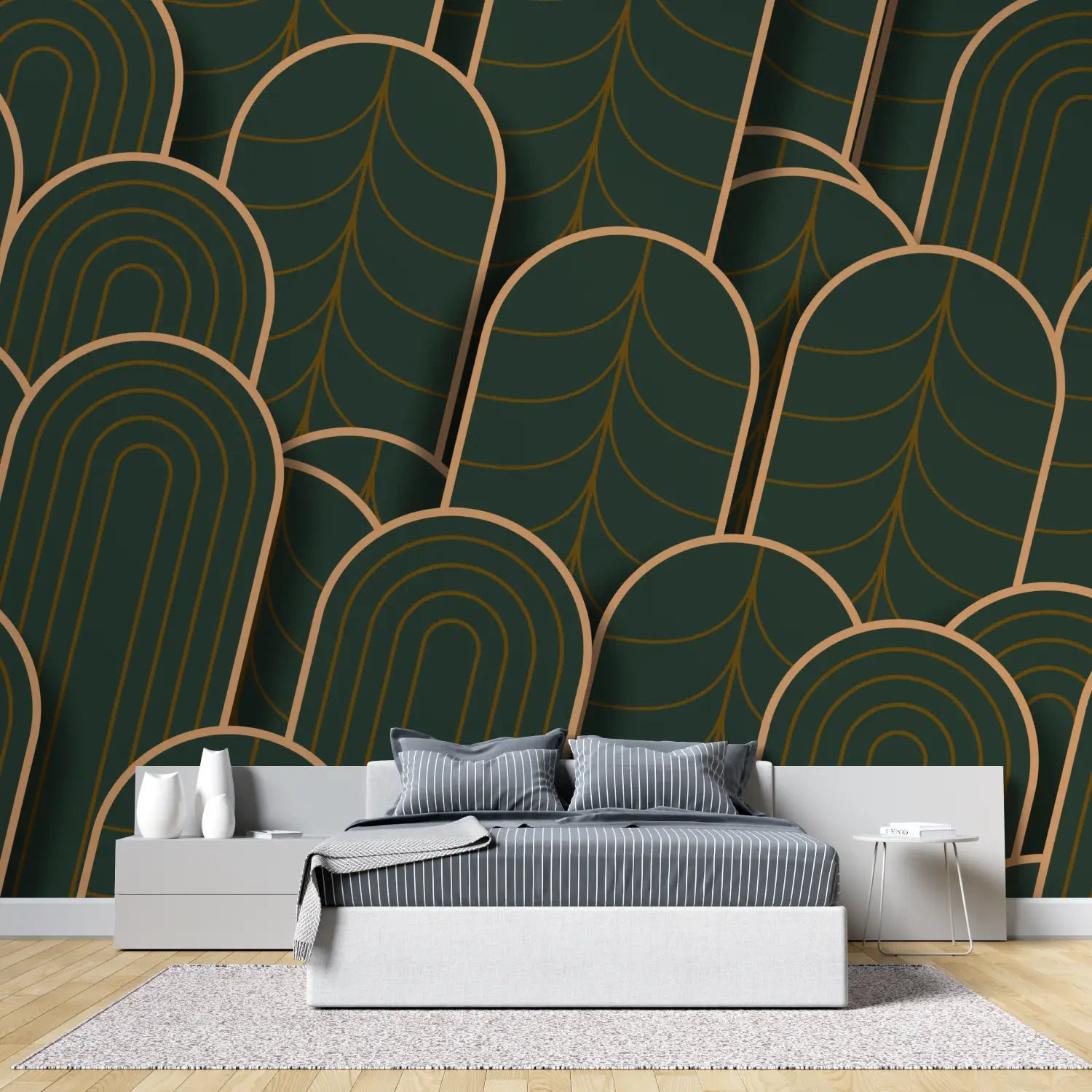 Art &amp; Deco Wallpaper – Golden Arches on Green Background