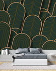 Papier Peint Art & Déco – Arches Dorées sur Fond Vert