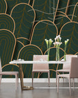 Papier Peint Art & Déco – Arches Dorées sur Fond Vert