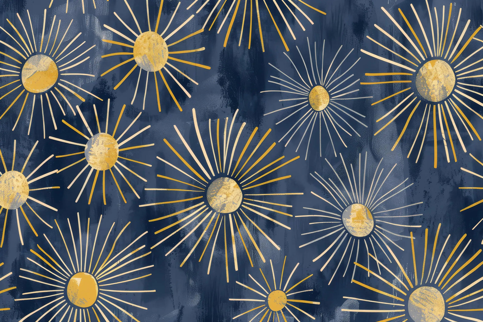 Art &amp; Deco Wallpaper – Golden Suns on Midnight Blue