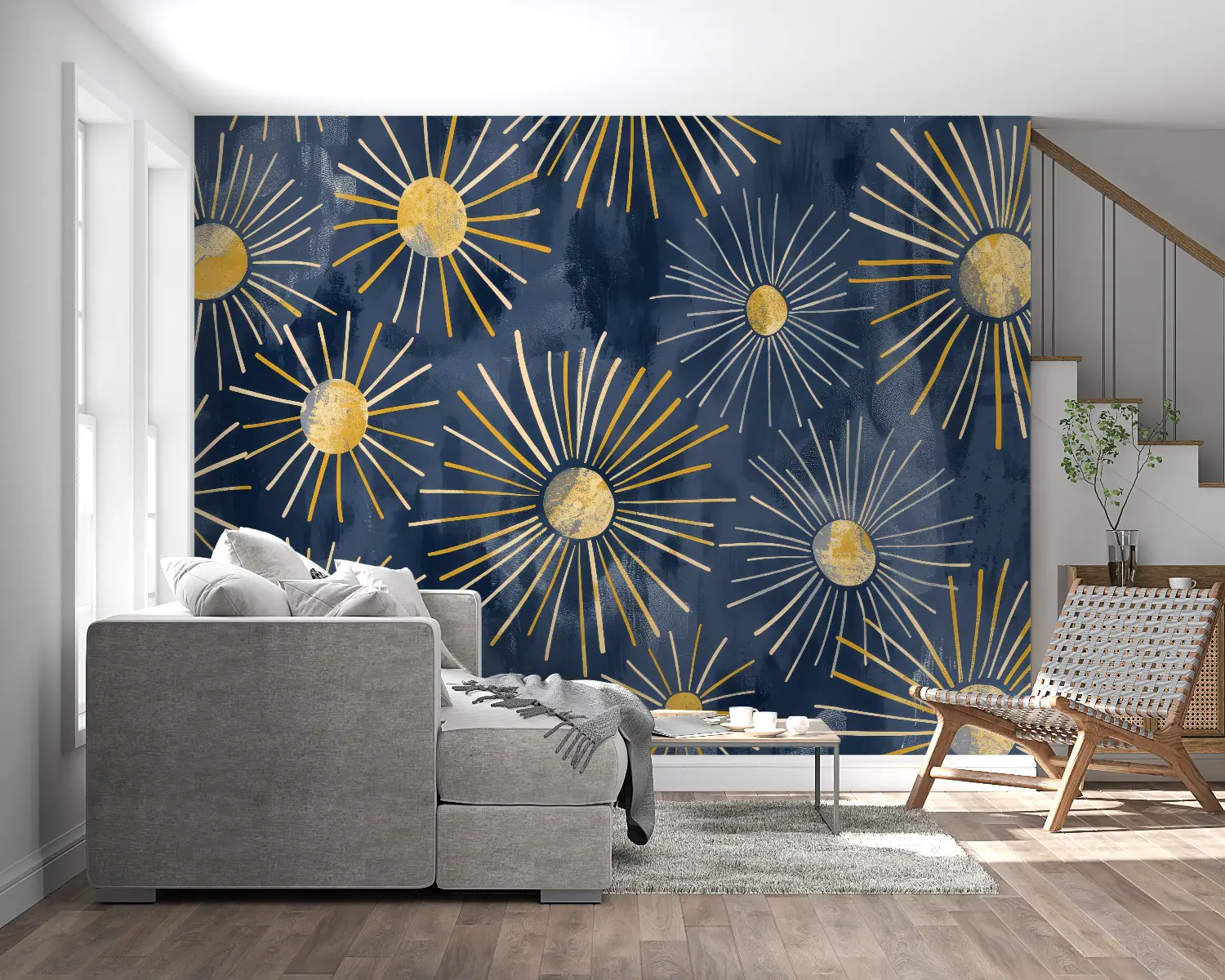 Art &amp; Deco Wallpaper – Golden Suns on Midnight Blue
