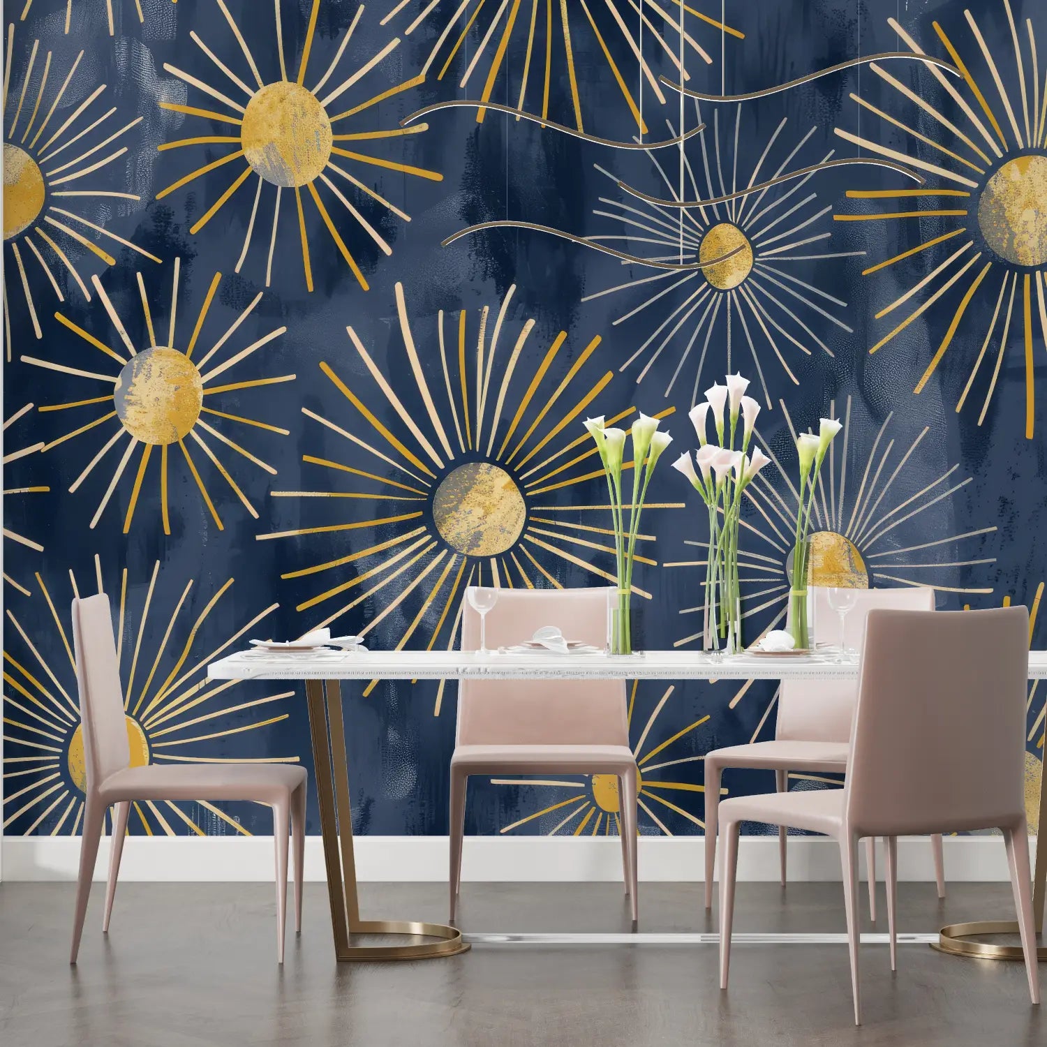 Art &amp; Deco Wallpaper – Golden Suns on Midnight Blue